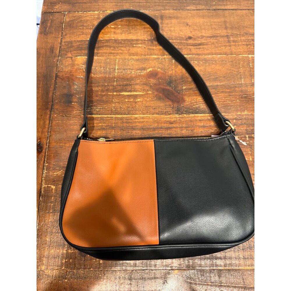 black and brown colorblock faux-leather shoulder bag